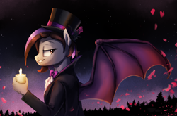 Size: 2084x1376 | Tagged: safe, artist:thebowtieone, derpibooru import, oc, oc:bowtie, anthro, bat pony, bowtie, candle, female, hat, solo, top hat