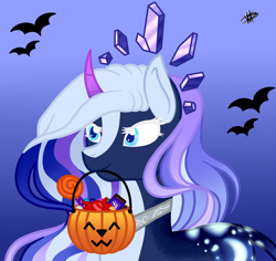 Size: 3392x3196 | Tagged: safe, artist:princessmoonsilver, derpibooru import, oc, oc:nahisa abend, pony, unicorn, female, high res, mare, mouth hold, pumpkin bucket, solo