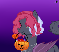 Size: 3392x3000 | Tagged: safe, artist:princessmoonsilver, derpibooru import, oc, oc:renzo katsumoto, bat pony, pony, high res, male, mouth hold, pumpkin bucket, solo, stallion