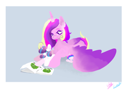 Size: 5787x4092 | Tagged: safe, artist:lunastudiolive, derpibooru import, princess cadance, princess flurry heart, oc, alicorn, pony, book, cute, female, filly, filly flurry heart, foal, mare, mother and child, mother and daughter, offspring, older, older flurry heart, parent and child, parent:princess cadance, parent:shining armor, parents:shiningcadance, trio, wing blanket, winghug, wings