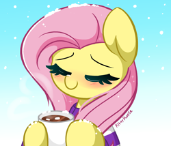 Size: 5384x4603 | Tagged: safe, artist:kittyrosie, derpibooru import, fluttershy, pegasus, pony, absurd resolution, blushing, bust, chocolate, clothes, cozy, cup, cute, eyes closed, female, food, gradient background, hoof hold, hot chocolate, mare, mug, shyabetes, snow, snow on nose, snowfall, solo, sweet dreams fuel, three quarter view