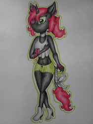 Size: 972x1296 | Tagged: safe, artist:clown-bread, derpibooru import, oc, oc only, oc:rosalia, anthro, unicorn, clothes, female, hanahaki disease, high heels, horn, shoes, shorts, solo, tail, tail wrap, traditional art, unicorn oc