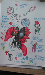 Size: 768x1280 | Tagged: safe, artist:clown-bread, derpibooru import, oc, oc only, alicorn, pony, alicorn oc, dagger, flower, horn, red and black oc, reference sheet, slit eyes, smiling, traditional art, weapon, wings