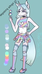 Size: 720x1280 | Tagged: safe, artist:clown-bread, derpibooru import, oc, oc only, unicorn, choker, clothes, hand on hip, high heels, horn, midriff, reference sheet, shoes, skirt, smiling, solo, sports bra, unicorn oc