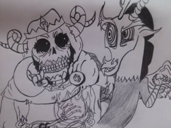 Size: 800x600 | Tagged: safe, artist:ccphony, derpibooru import, discord, draconequus, lich, undead, bone, bust, grin, lineart, male, skeleton, smiling, swirly eyes, traditional art