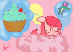 Size: 700x500 | Tagged: safe, artist:ccphony, derpibooru import, gummy, pinkie pie, alligator, earth pony, pony, cloud, cupcake, duo, eyes closed, female, food, mare, on a cloud, pink background, pinkamena diane pie, signature, simple background, sleeping
