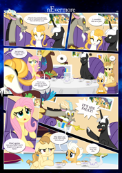 Size: 3259x4607 | Tagged: safe, artist:estories, derpibooru import, discord, fluttershy, oc, oc:alice goldenfeather, oc:fable, oc:golden jewel, oc:möbius, draconequus, pegasus, pony, unicorn, comic:nevermore, angry, brother and sister, comic, cross-popping veins, female, high res, horn, male, mother and child, mother and daughter, mother and son, parent and child, pegasus oc, siblings, speech bubble, unicorn oc