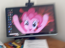 Size: 2048x1523 | Tagged: safe, artist:joshuarocha102, derpibooru import, pinkie pie, earth pony, pony, blurry, breaking the fourth wall, computer, cute, dell, desktop, diapinkes, female, fourth wall, fourth wall destruction, irl, mare, motion blur, photo, pinkie being pinkie, pinkie physics, ponies in real life, solo, the fourth wall cannot save you, too much pink energy is dangerous, webcam