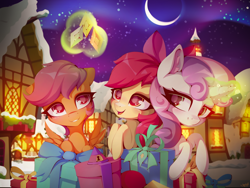 Size: 5984x4500 | Tagged: safe, artist:stahlkat, derpibooru import, apple bloom, scootaloo, sweetie belle, earth pony, pegasus, pony, unicorn, christmas presents, colored pupils, crescent moon, cutie mark crusaders, diamond, female, filly, foal, magic, moon, night, open mouth, present, smiling, snow, telekinesis