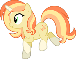 Size: 1453x1131 | Tagged: safe, artist:pegasski, derpibooru import, oc, oc only, oc:sunset valley, pony, unicorn, coat markings, female, full body, green eyes, horn, mare, multicolored mane, multicolored tail, show accurate, simple background, smiling, socks (coat marking), solo, tail, transparent background, unicorn oc