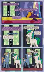 Size: 1920x3169 | Tagged: safe, artist:alexdti, derpibooru import, twilight sparkle, oc, oc:marco, oc:purple creativity, oc:umberto, pegasus, pony, unicorn, comic:quest for friendship, bipedal, bored, comic, dialogue, ears, eye, eyes closed, female, floppy ears, folded wings, horn, looking at someone, looking back, male, offscreen character, onomatopoeia, open mouth, pegasus oc, raised hoof, raised leg, shadow, shrunken pupils, smiling, speech bubble, stallion, standing, stomping, tail, thought bubble, twilight's castle, two toned mane, two toned tail, underhoof, unicorn oc, wings, yelling