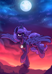 Size: 1655x2365 | Tagged: safe, artist:hc0, derpibooru import, princess luna, alicorn, pony, chest fluff, cloud, female, flying, full moon, mare, moon, night, shoulder fluff, solo, spread wings, wings