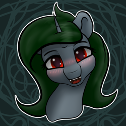 Size: 4096x4096 | Tagged: safe, artist:darbedarmoc, derpibooru import, oc, oc only, oc:minerva, pony, unicorn, absurd resolution, blushing, bust, eyebrows, green mane, horn, looking at you, open mouth, open smile, outline, portrait, red eyes, smiling, smiling at you, solo, unicorn oc, white outline