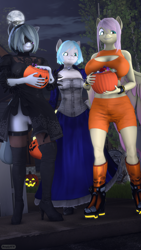 Size: 2160x3840 | Tagged: safe, artist:donglysfm, derpibooru import, coco pommel, fluttershy, marble pie, anthro, earth pony, pegasus, plantigrade anthro, art pack:trick or treat 2021, 2b, 3d, alternate hairstyle, big breasts, boots, breasts, candy, clothes, dress, elizabeth comstock, female, food, halloween, high heel boots, high res, holiday, hootershy, marble pies, mask, metroid, moon, nail polish, night, revamped anthros, samus aran, shoes, shorts, source filmmaker, the council of shy ponies, trick or treat, trio, trio female