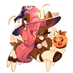 Size: 1500x1500 | Tagged: safe, artist:tsarstvo, derpibooru import, oc, oc only, pegasus, bust, candle, eye clipping through hair, female, halloween, hat, holiday, mare, one eye closed, pumpkin, solo, wink, witch hat