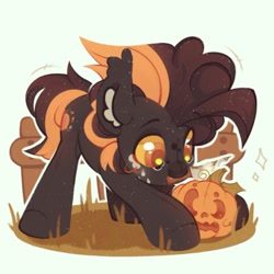 Size: 1369x1369 | Tagged: safe, artist:tsarstvo, derpibooru import, oc, oc only, earth pony, pony, ear fluff, ears, halloween, holiday, knife, male, mouth hold, pumpkin, solo, stallion