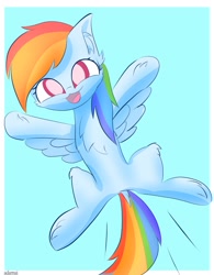 Size: 1250x1600 | Tagged: safe, artist:adamai_0517, derpibooru import, rainbow dash, pegasus, pony, :3, chest fluff, cute, dashabetes, ear fluff, ears, female, flying, happy, looking at you, open mouth, open smile, simple background, smiling, solo, spread wings, wings