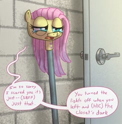 Size: 1148x1170 | Tagged: safe, artist:doodleconner, derpibooru import, fluttershy, crying, door, female, fluttermop, living object, mop, objectification, sad, solo, speech bubble, teary eyes