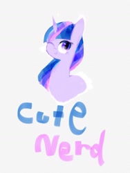Size: 1179x1572 | Tagged: safe, artist:laurasrxfgcc, derpibooru import, twilight sparkle, pony, unicorn, looking at you, multicolored hair, one eye closed, simple background, smiling, solo, text, white background
