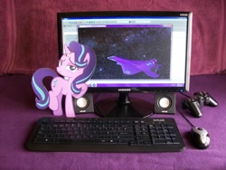 Size: 3472x2604 | Tagged: safe, derpibooru import, starlight glimmer, alicorn, controller, doom, female, fighter, fighter plane, game screencap, jet, jet fighter, jewelry, joystick, keyboard, photo, ring, solo, su-57