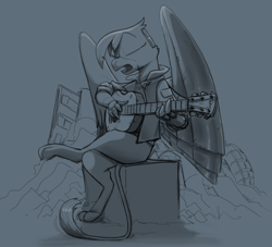 Size: 2162x1960 | Tagged: safe, artist:sinrar, derpibooru import, gilda, griffon, amputee, artificial wings, augmented, clothes, cyberpunk, guitar, jacket, monochrome, musical instrument, prosthetic limb, prosthetic wing, prosthetics, wings