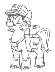 Size: 487x639 | Tagged: safe, artist:jargon scott, derpibooru import, oc, oc only, earth pony, pony, bag, boots, deep rock galactic, female, goggles, grayscale, helmet, mare, miner, mining helmet, monochrome, saddle bag, shoes, simple background, smiling, solo, white background