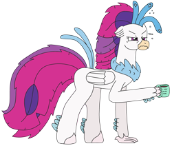 Size: 2824x2391 | Tagged: safe, artist:supahdonarudo, derpibooru import, queen novo, classical hippogriff, hippogriff, my little pony: the movie, bed mane, coffee, coffee mug, grumpy, holding, messy mane, messy tail, morning ponies, mug, queen novo is not amused, simple background, tail, transparent background, woken up at a bad time