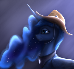 Size: 2524x2360 | Tagged: safe, artist:rnghat, derpibooru import, princess luna, alicorn, pony, bust, cowboy hat, female, folded wings, hat, high res, mare, peytral, profile, solo, wings