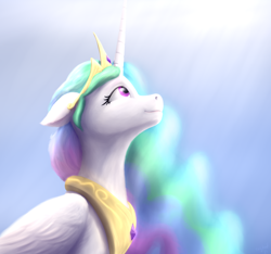 Size: 2524x2360 | Tagged: safe, artist:rnghat, derpibooru import, princess celestia, alicorn, pony, bust, ears, female, floppy ears, folded wings, high res, jewelry, looking away, looking up, mare, peytral, regalia, solo, wings