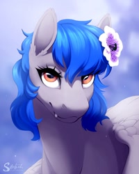 Size: 1600x2000 | Tagged: safe, artist:silentwulv, derpibooru import, oc, oc only, pegasus, pony, fangs, female, flower, flower in hair, looking at you, mare, solo