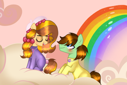 Size: 3000x2000 | Tagged: safe, artist:doraeartdreams-aspy, derpibooru import, oc, oc:aspen, oc:ryan, earth pony, base used, beret, blushing, bodysuit, bow, catsuit, clothes, cloud, couple, eyes closed, female, hat, hippie, jewelry, latex, latex suit, love, male, necklace, open mouth, open smile, peace suit, peace symbol, rainbow, rubber suit, smiling, straight