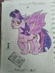 Size: 1532x2048 | Tagged: safe, artist:bencsart, derpibooru import, twilight sparkle, twilight sparkle (alicorn), alicorn, bat pony, bat pony alicorn, pony, bat ponified, bat wings, book, female, graph paper, horn, lidded eyes, looking at you, mare, open mouth, open smile, race swap, smiling, solo, spread wings, test tube, traditional art, twibat, wings