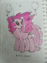 Size: 1532x2048 | Tagged: safe, artist:bencsart, derpibooru import, pinkie pie, bat pony, pony, balloon, bat ponified, female, graph paper, lidded eyes, looking at you, mare, open mouth, open smile, pinkiebat, race swap, smiling, solo, spread wings, traditional art, wings