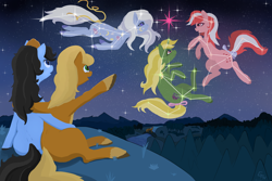 Size: 2998x2000 | Tagged: safe, artist:glefan, derpibooru import, galaxy (g1), night glider (g1), star hopper, twilight sparkle, constellation, ico, ico the brave little horse, ico's mother, preciosa, space pony