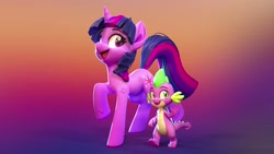 Size: 1280x720 | Tagged: safe, artist:lemurfeature, spike, twilight sparkle, unicorn twilight, dragon, pony, unicorn, 3d, duo, female, gradient background, looking at you, male, mare, open mouth, open smile, smiling, smiling at you, waving, zbrush