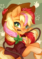 Size: 2894x4093 | Tagged: safe, artist:sofiko-ko, derpibooru import, applejack, earth pony, pony, chest fluff, clothes, cute, jackabetes, mouth hold, rainbow power, rope, shirt, solo, starry eyes, wingding eyes