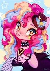 Size: 2894x4093 | Tagged: safe, artist:sofiko-ko, derpibooru import, pinkie pie, earth pony, pony, :p, choker, clothes, dress, female, fishnets, hat, looking at you, mare, rainbow power, smiling, smiling at you, solo, starry eyes, tongue, tongue out, wingding eyes