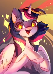 Size: 2894x4093 | Tagged: safe, artist:sofiko-ko, derpibooru import, twilight sparkle, twilight sparkle (alicorn), alicorn, pony, female, looking at you, mare, open mouth, open smile, rainbow power, rearing, smiling, smiling at you, solo, sparkles, starry eyes, wingding eyes