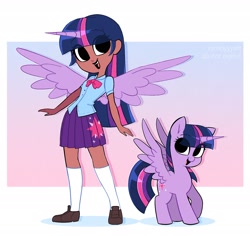 Size: 1938x1827 | Tagged: safe, artist:syrupyyy, derpibooru import, twilight sparkle, twilight sparkle (alicorn), alicorn, human, pony, alicorn humanization, blackwashing, bowtie, clothes, cute, dark skin, equestria girls outfit, female, flats, horn, horned humanization, human ponidox, humanized, mare, open mouth, open smile, self paradox, self ponidox, shirt, shoes, skirt, smiling, socks, solo, twiabetes, winged humanization, wings, ych example, your character here