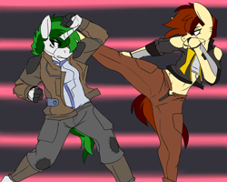 Size: 3000x2400 | Tagged: safe, artist:coatieyay, derpibooru import, oc, oc:amber heart, oc:baron, anthro, cyborg, unguligrade anthro, blocking, clothes, cyberpunk, fight, kicking