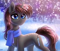 Size: 3000x2571 | Tagged: safe, artist:hakaina, derpibooru import, oc, oc only, oc:twistae, pony, unicorn, clothes, female, forest, rule 63, scarf, snow, snowfall, solo, winter