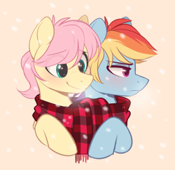 Size: 930x900 | Tagged: safe, artist:higglytownhero, derpibooru import, butterscotch, fluttershy, rainbow blitz, rainbow dash, pegasus, pony, adorascotch, alternate hairstyle, blushing, bust, butterblitz, christmas, clothes, cream background, cute, dashabetes, duo, duo male, eye clipping through hair, eyebrows, eyebrows visible through hair, flutterdash, frown, gay, holiday, male, rule 63, rule63betes, scarf, shared clothing, shared scarf, shipping, shyabetes, simple background, smiling, snow, stallion