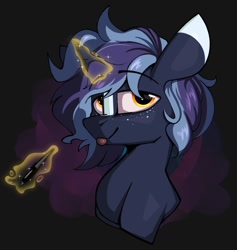 Size: 1209x1278 | Tagged: safe, artist:arume_lux, derpibooru import, oc, oc:witching hour, pony, unicorn, bust, freckles, looking at you, magic, magic aura, solo, telekinesis, tongue, tongue out
