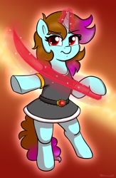 Size: 1278x1955 | Tagged: safe, artist:heretichesh, derpibooru import, oc, oc only, oc:comet solstice, pony, unicorn, abstract background, bipedal, clothes, dress, female, frown, glowing, glowing horn, hoof hold, horn, looking at you, magic construct, mare, sword, underhoof, weapon