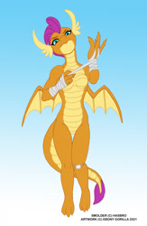 Size: 836x1280 | Tagged: safe, artist:ebonyleopard, derpibooru import, smolder, anthro, dragon, bandaid, barbie doll anatomy, breasts, dragoness, female, gradient background, hand wraps, lizard breasts, small breasts, this is going to hurt