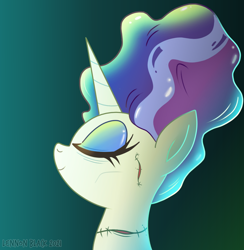 Size: 1000x1023 | Tagged: safe, artist:lennonblack, derpibooru import, rarity, pony, unicorn, bride of frankenstein, bust, clothes, costume, eyes closed, female, halloween, halloween costume, mare, profile, solo