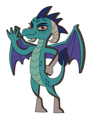 Size: 953x1280 | Tagged: safe, artist:sergeant16bit, derpibooru import, dragon lord ember, princess ember, dragon, flat, hand on hip, paper, smiling, spread wings, transformation, waving, wings