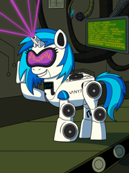 Size: 953x1280 | Tagged: safe, artist:sergeant16bit, derpibooru import, dj pon-3, vinyl scratch, pony, robot, robot pony, unicorn, commission, conveyor belt, glowstick, grin, light show, monitor, record player, roboticization, screen, smiling, speakers, transformation, turntable