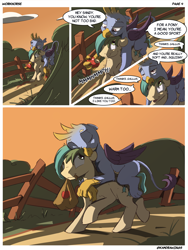 Size: 1800x2400 | Tagged: safe, artist:kam, derpibooru import, gallus, sandbar, earth pony, griffon, pony, comic:workhorse, 2020, apple, bag, claw hold, comic, compliment, cute, dialogue, fence, food, gallabetes, gallbar, gay, interspecies, lidded eyes, male, mouth hold, riding a pony, sandabetes, shipping, sleeping, sleepy, snuggling, speech bubble, sunset, text, wholesome
