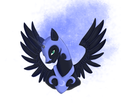 Size: 2001x1800 | Tagged: safe, artist:moonfini, derpibooru import, nightmare moon, alicorn, pony, blue mane, bust, ethereal mane, feather, female, flowing mane, green eyes, helmet, horn, looking at you, simple background, solo, sparkles, spread wings, starry mane, stars, transparent background, wings